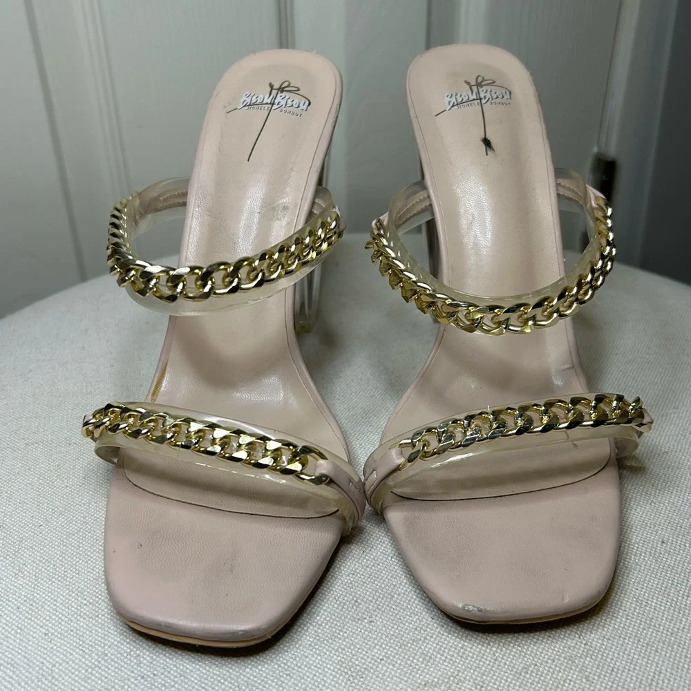 Bisou Bisou Nude Acrylic Block Heels Gold Chain Straps Formal Evening Bling Sz 9